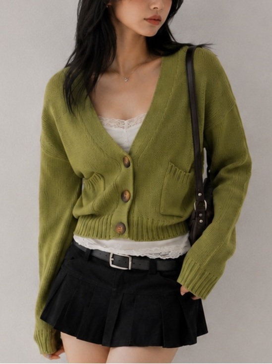 emory park Sweaters - Emory Park Olive Green Knit Oversized Korean Cardigan Cropped M fits XS / S